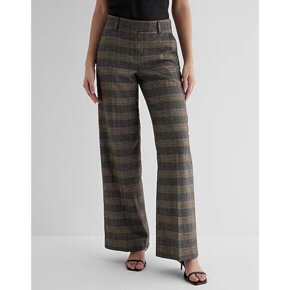 NWT Express Editor Relaxed Mid Rise Trouser Gray Plaid Shimmer Dress Pants 8 L - Picture 1 of 16